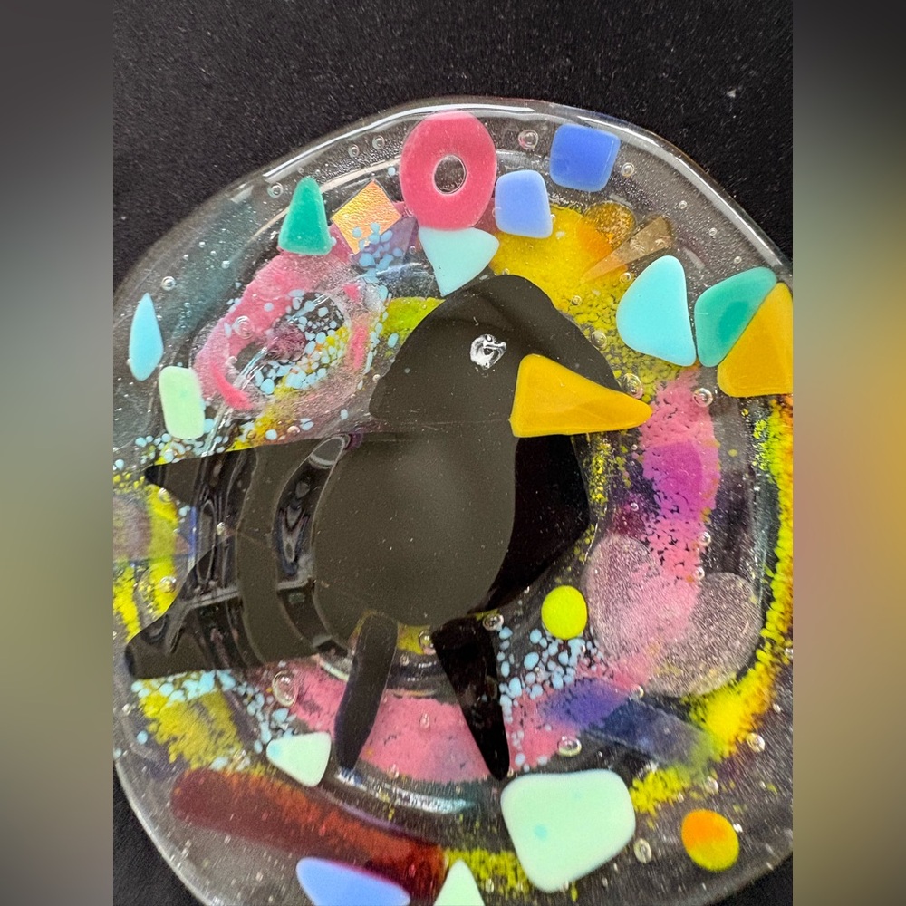 Crow“ Fused Art Glass  Round Clear Design  Original Handmade 7” Plate